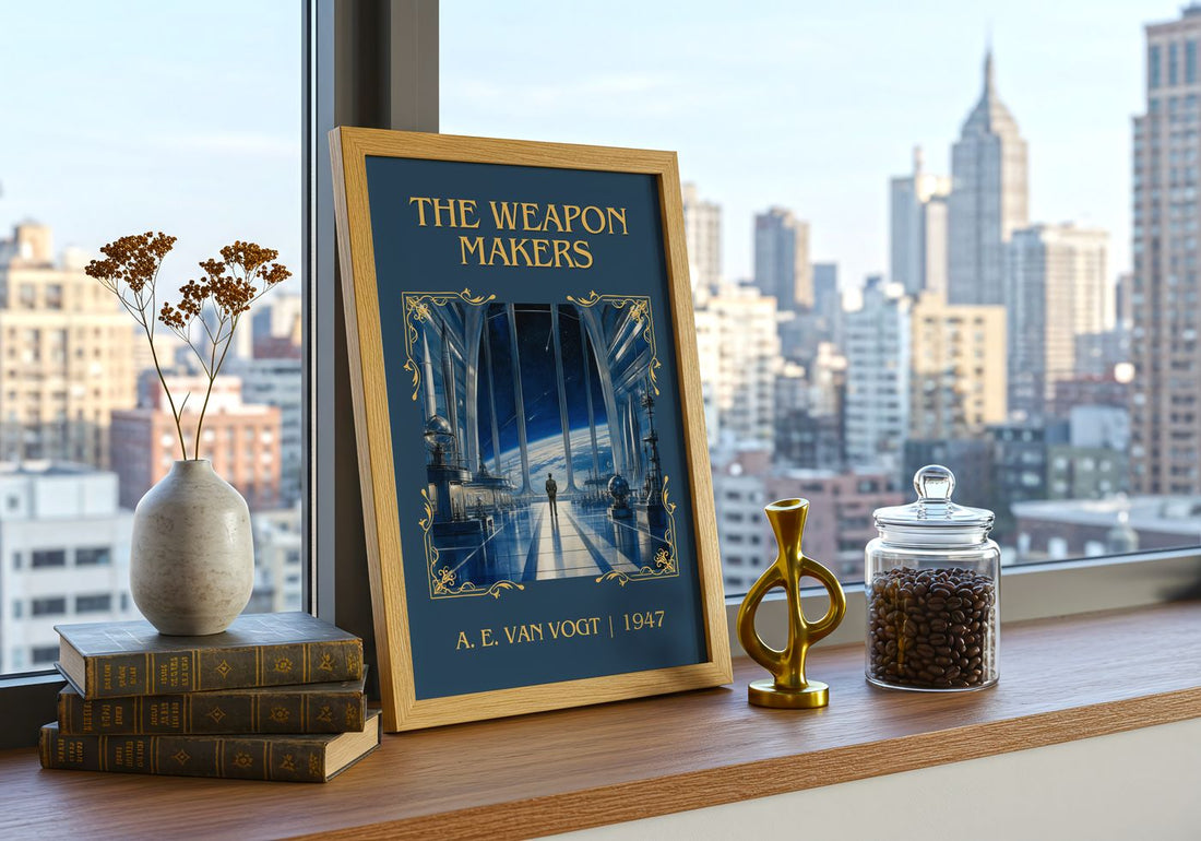 The Weapon Makers Classic Book Art Print by A. E. van Vogt – framed print on a city-view windowsill