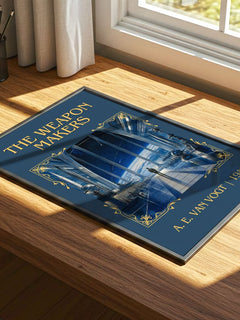 The Weapon Makers Classic Book Art Print by A. E. van Vogt – print on a sunlit desk