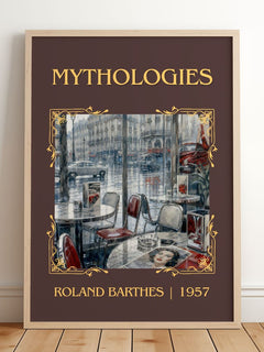 Mythologies Classic Book Art Print by Roland Barthes – framed print leaning on a wooden floor