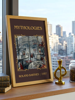 Mythologies Classic Book Art Print by Roland Barthes – framed print on a city-view windowsill