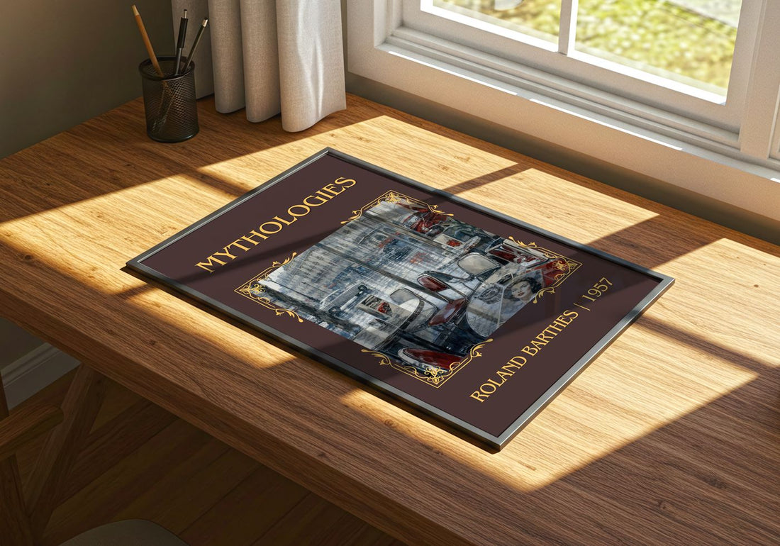 Mythologies Classic Book Art Print by Roland Barthes – print on a sunlit desk