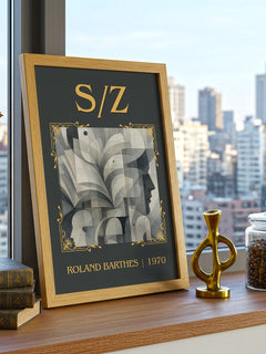 S/Z Classic Book Art Print by Roland Barthes – framed print on a city-view windowsill
