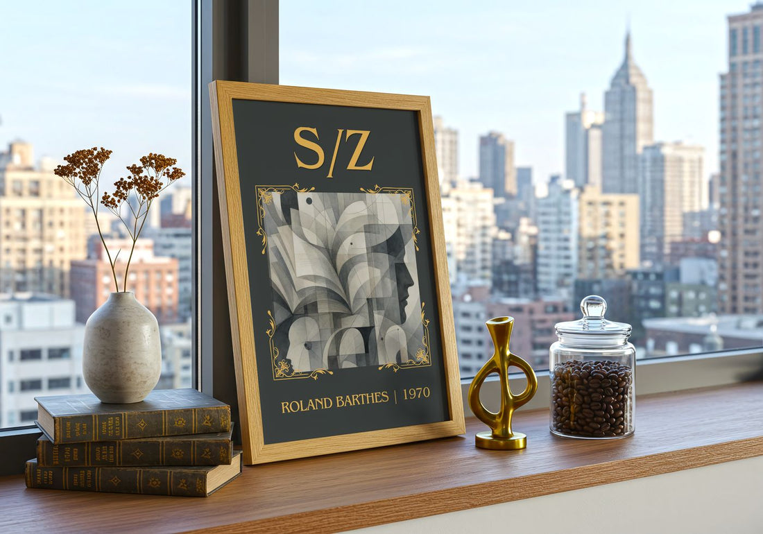 S/Z Classic Book Art Print by Roland Barthes – framed print on a city-view windowsill