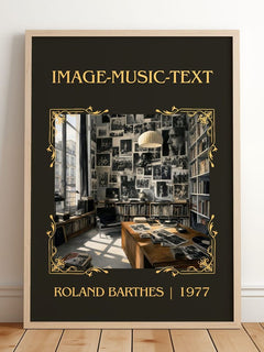 Image-Music-Text Classic Book Art Print by Roland Barthes – framed print leaning on a wooden floor
