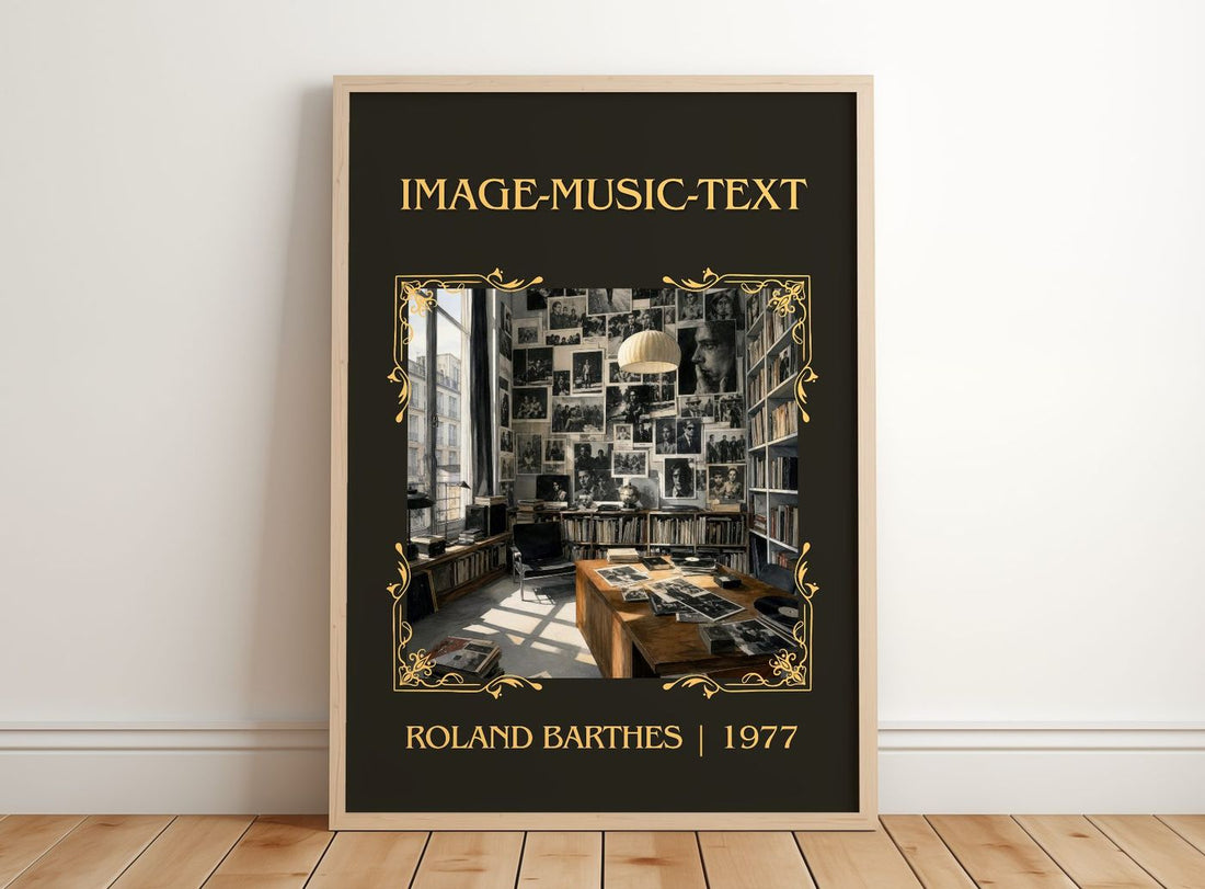 Image-Music-Text Classic Book Art Print by Roland Barthes – framed print leaning on a wooden floor