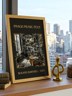 Image-Music-Text Classic Book Art Print by Roland Barthes – framed print on a city-view windowsill