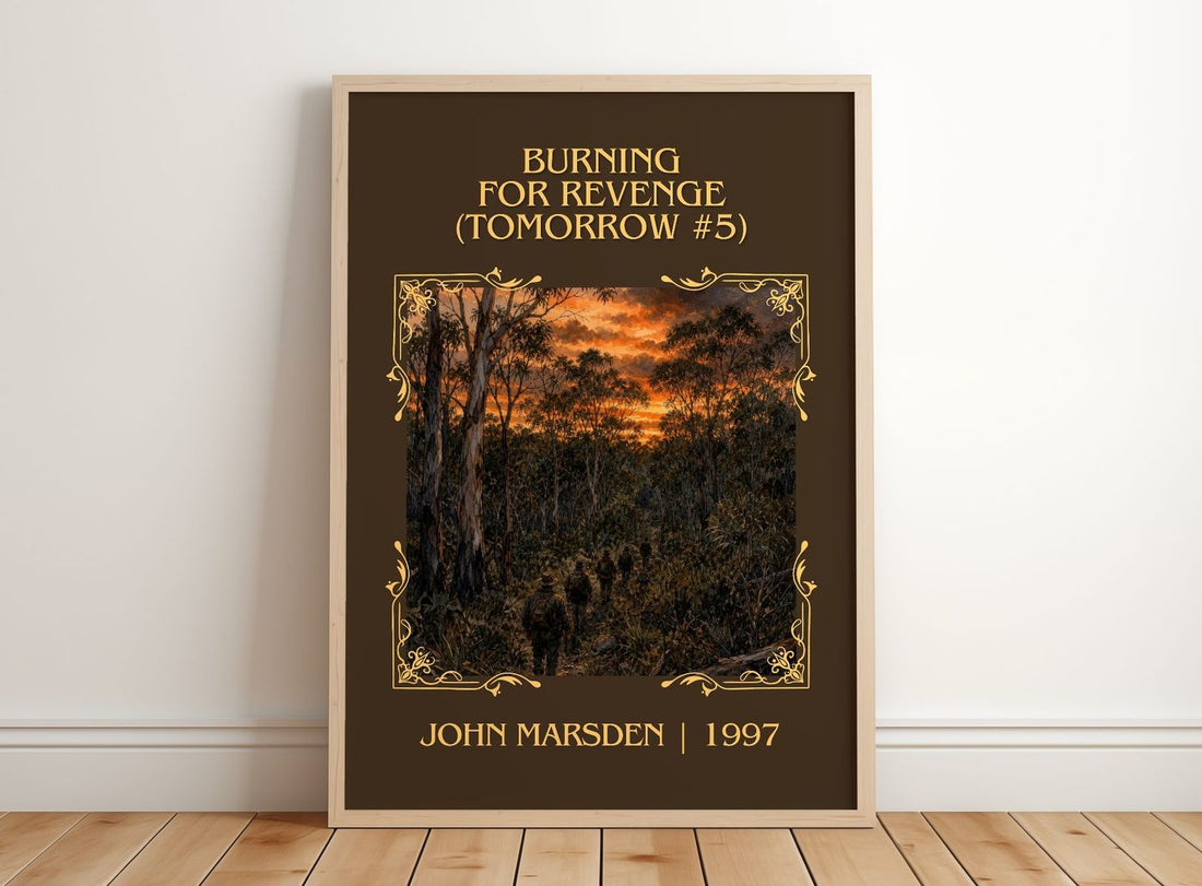 Burning for revenge (Tomorrow #5) Classic Book Art Print by J. Marsden – framed print leaning on a wooden floor