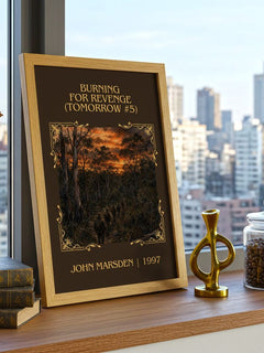 Burning for revenge (Tomorrow #5) Classic Book Art Print by J. Marsden – framed print on a city-view windowsill