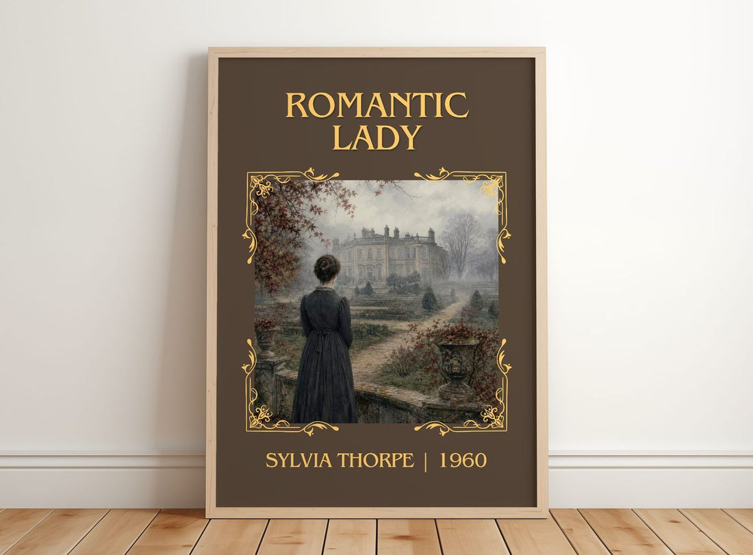 Romantic Lady Classic Book Art Print by Sylvia Thorpe – framed print leaning on a wooden floor