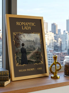 Romantic Lady Classic Book Art Print by Sylvia Thorpe – framed print on a city-view windowsill