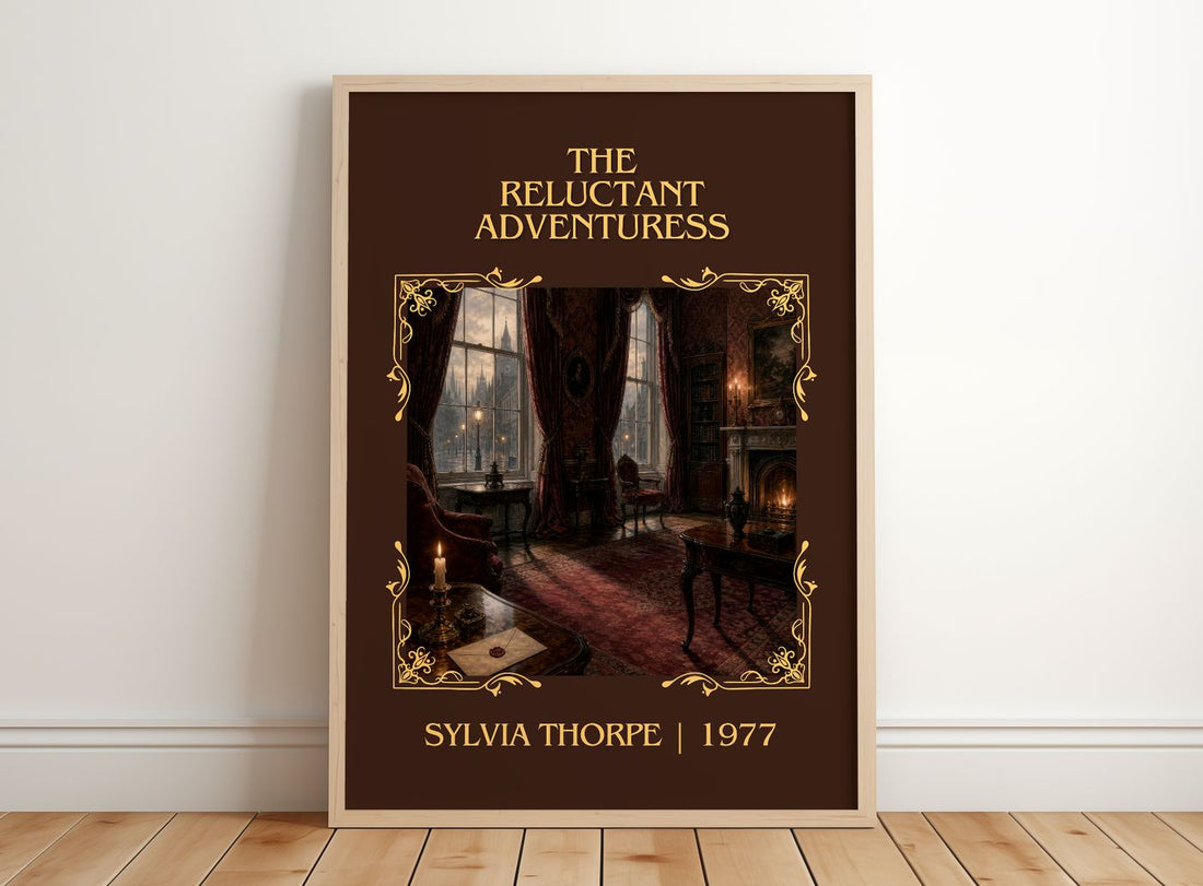 The Reluctant Adventuress Classic Book Art Print by Sylvia Thorpe – framed print leaning on a wooden floor