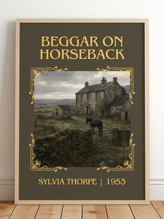 Beggar on Horseback Classic Book Art Print by Sylvia Thorpe – framed print leaning on a wooden floor