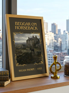 Beggar on Horseback Classic Book Art Print by Sylvia Thorpe – framed print on a city-view windowsill