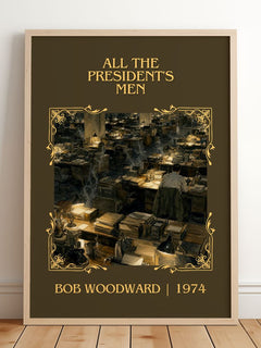 All the President's Men Classic Book Art Print by Bob Woodward – framed print leaning on a wooden floor
