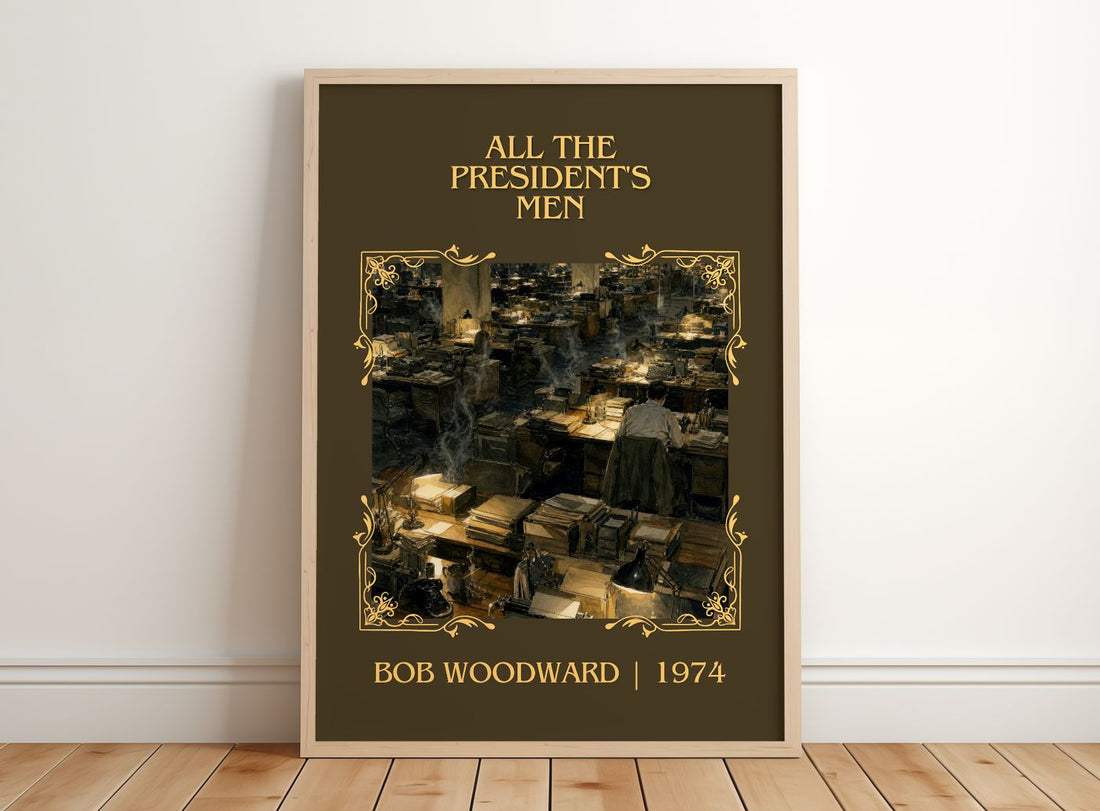 All the President's Men Classic Book Art Print by Bob Woodward – framed print leaning on a wooden floor