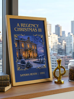 A Regency Christmas III Classic Book Art Print by Sandra Heath – framed print on a city-view windowsill