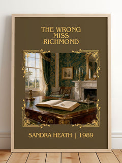 The Wrong Miss Richmond Classic Book Art Print by Sandra Heath – framed print leaning on a wooden floor