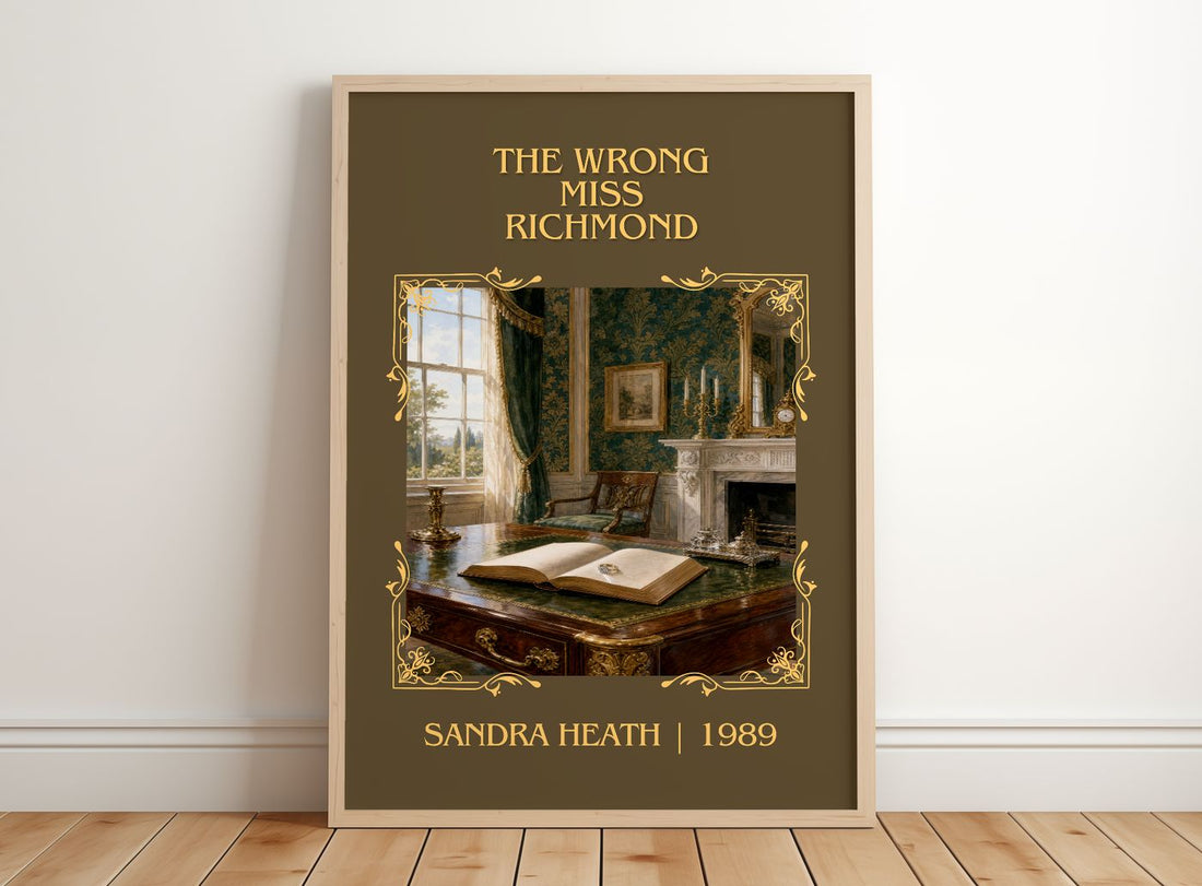 The Wrong Miss Richmond Classic Book Art Print by Sandra Heath – framed print leaning on a wooden floor