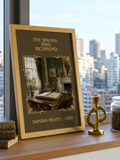 The Wrong Miss Richmond Classic Book Art Print by Sandra Heath – framed print on a city-view windowsill