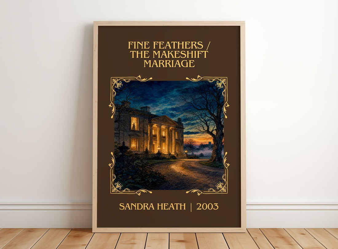 Fine Feathers / The Makeshift Marriage Classic Book Art Print by Sandra Heath – framed print leaning on a wooden floor