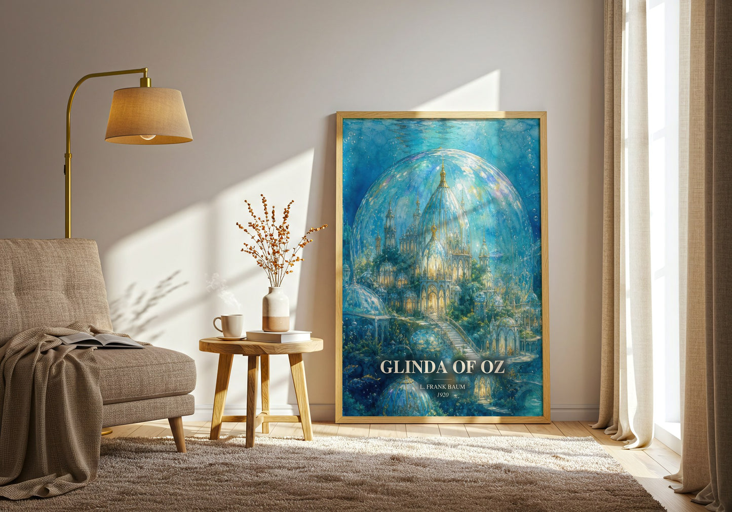 Glinda Of Oz watercolour print in frame leaning in hallway – childrens wall art