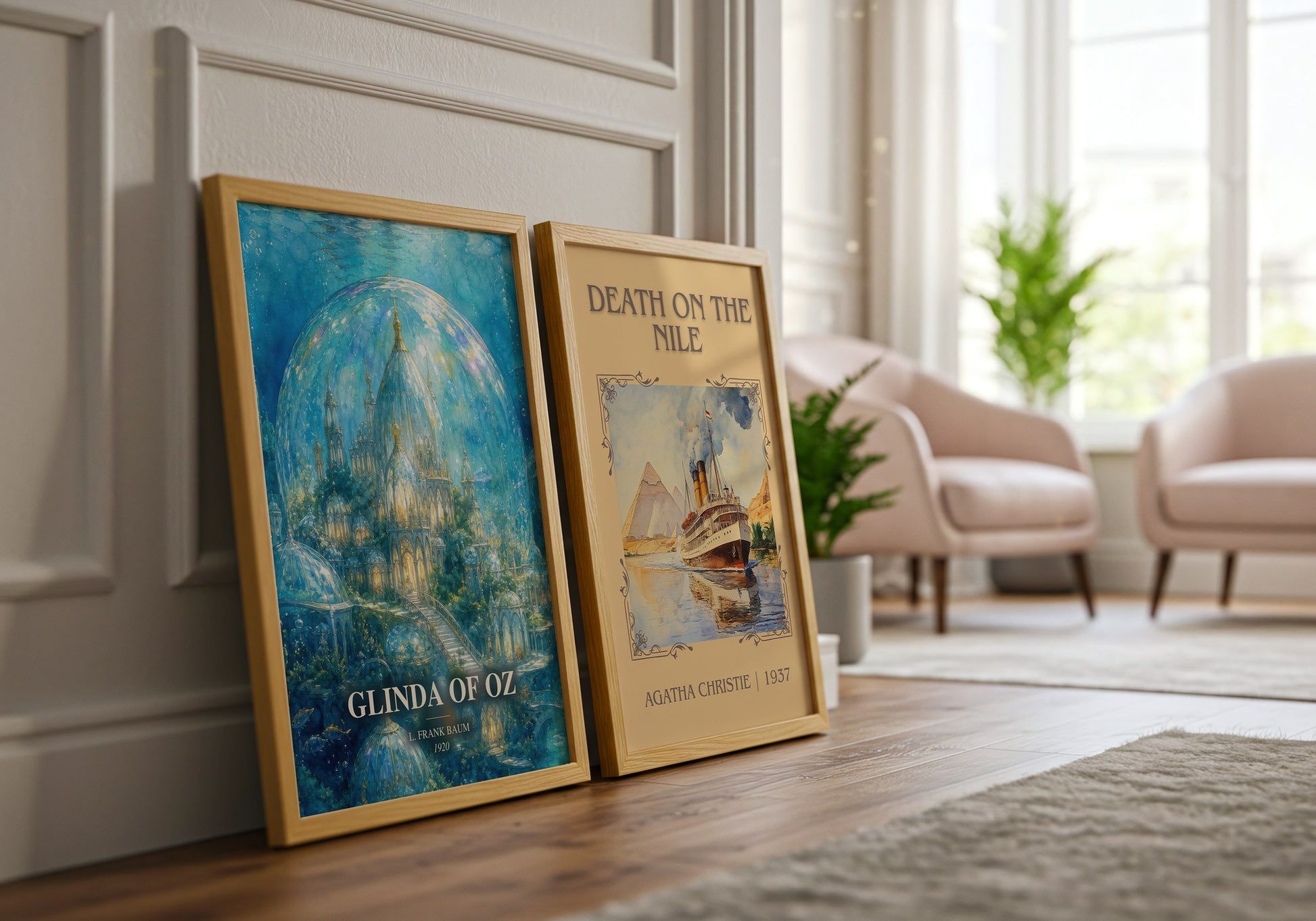 Glinda Of Oz watercolour print framed by window – literary home decor