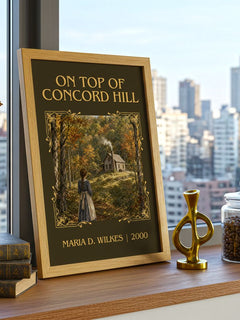 On top of Concord Hill Classic Book Art Print by Maria D. Wilkes – framed print on a city-view windowsill