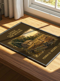 Little Clearing in the Woods Classic Book Art Print by Maria D. Wilkes – print on a sunlit desk