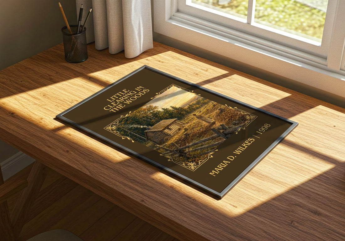 Little Clearing in the Woods Classic Book Art Print by Maria D. Wilkes – print on a sunlit desk