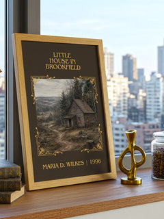 Little house in Brookfield Classic Book Art Print by Maria D. Wilkes – framed print on a city-view windowsill