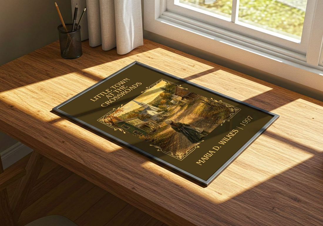 Little Town at the Crossroads Classic Book Art Print by M. Wilkes – print on a sunlit desk