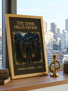 The Dark Hills divide Classic Book Art Print by Patrick Carman – framed print on a city-view windowsill