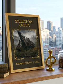 Skeleton Creek Classic Book Art Print by Patrick Carman – framed print on a city-view windowsill
