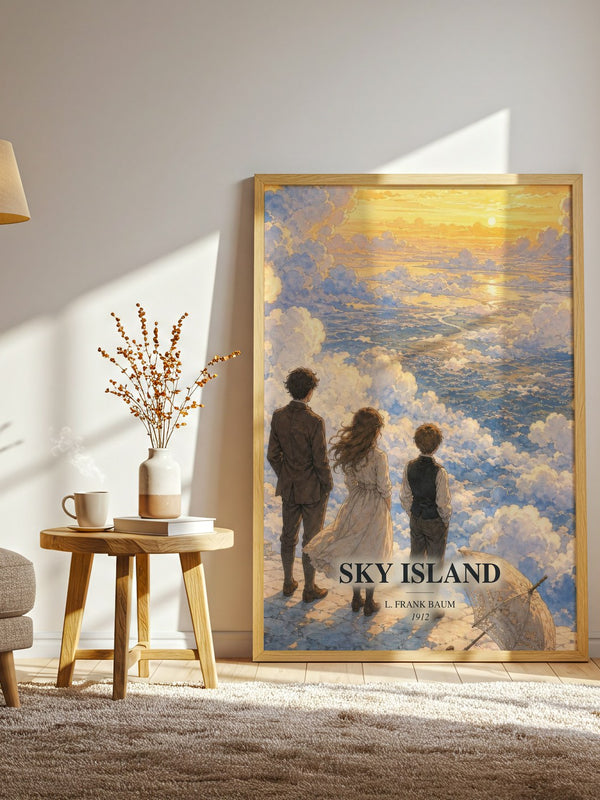 Sky Island watercolour print in frame leaning in hallway – childrens wall art