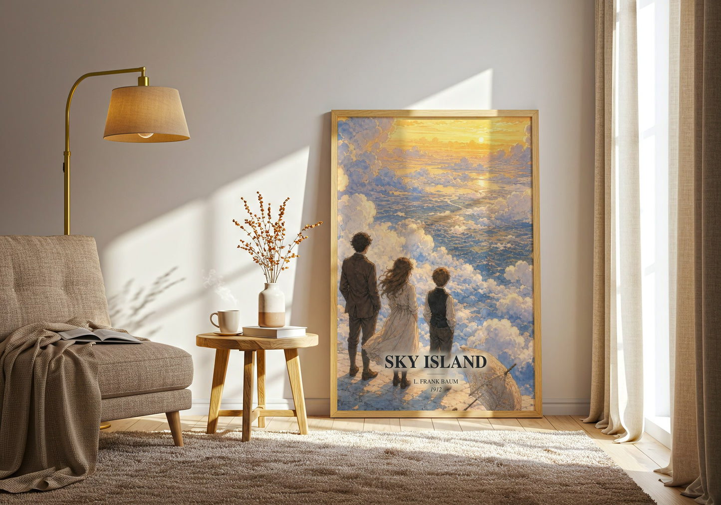 Sky Island watercolour print in frame leaning in hallway – childrens wall art