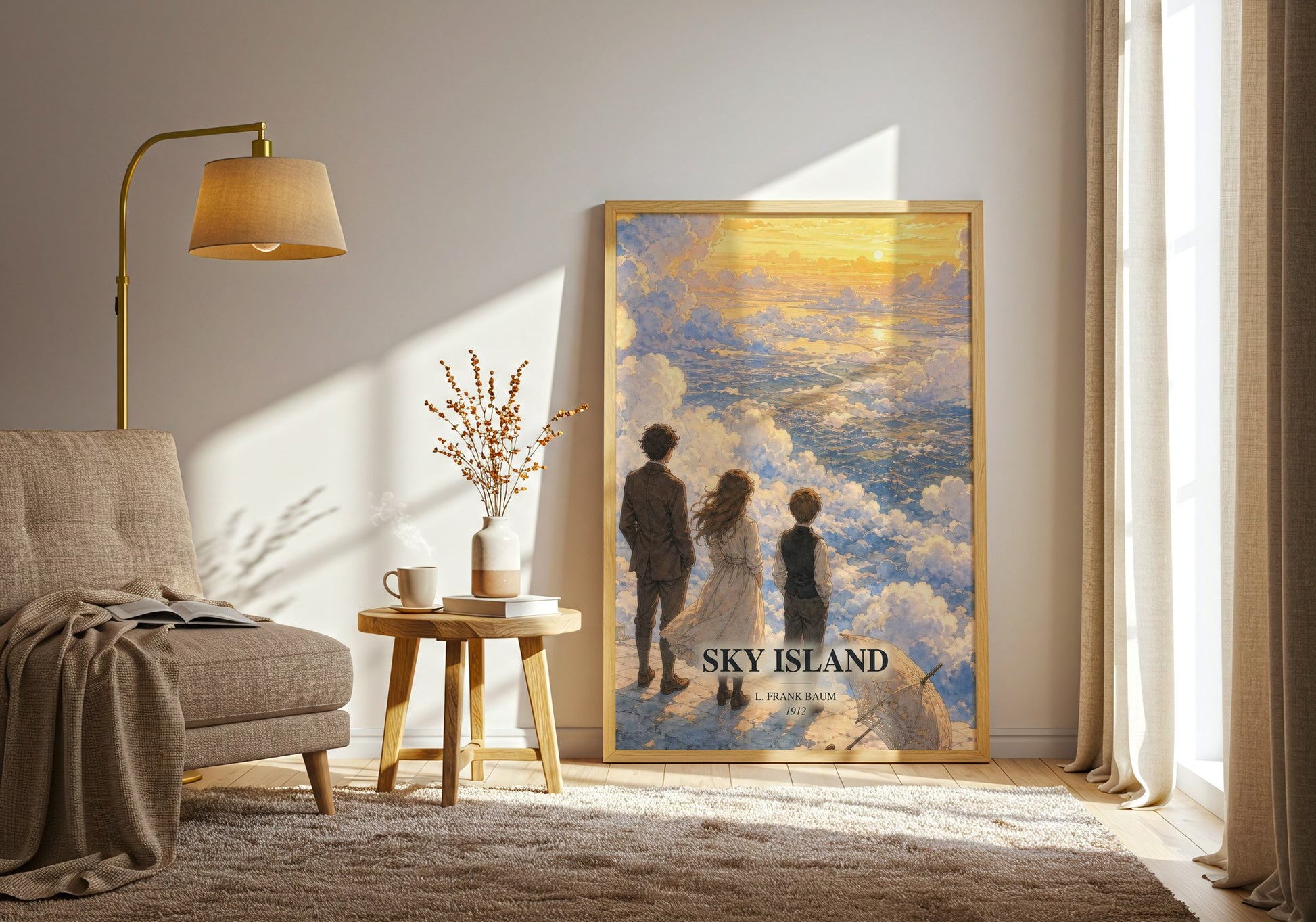 Sky Island watercolour print in frame leaning in hallway – childrens wall art
