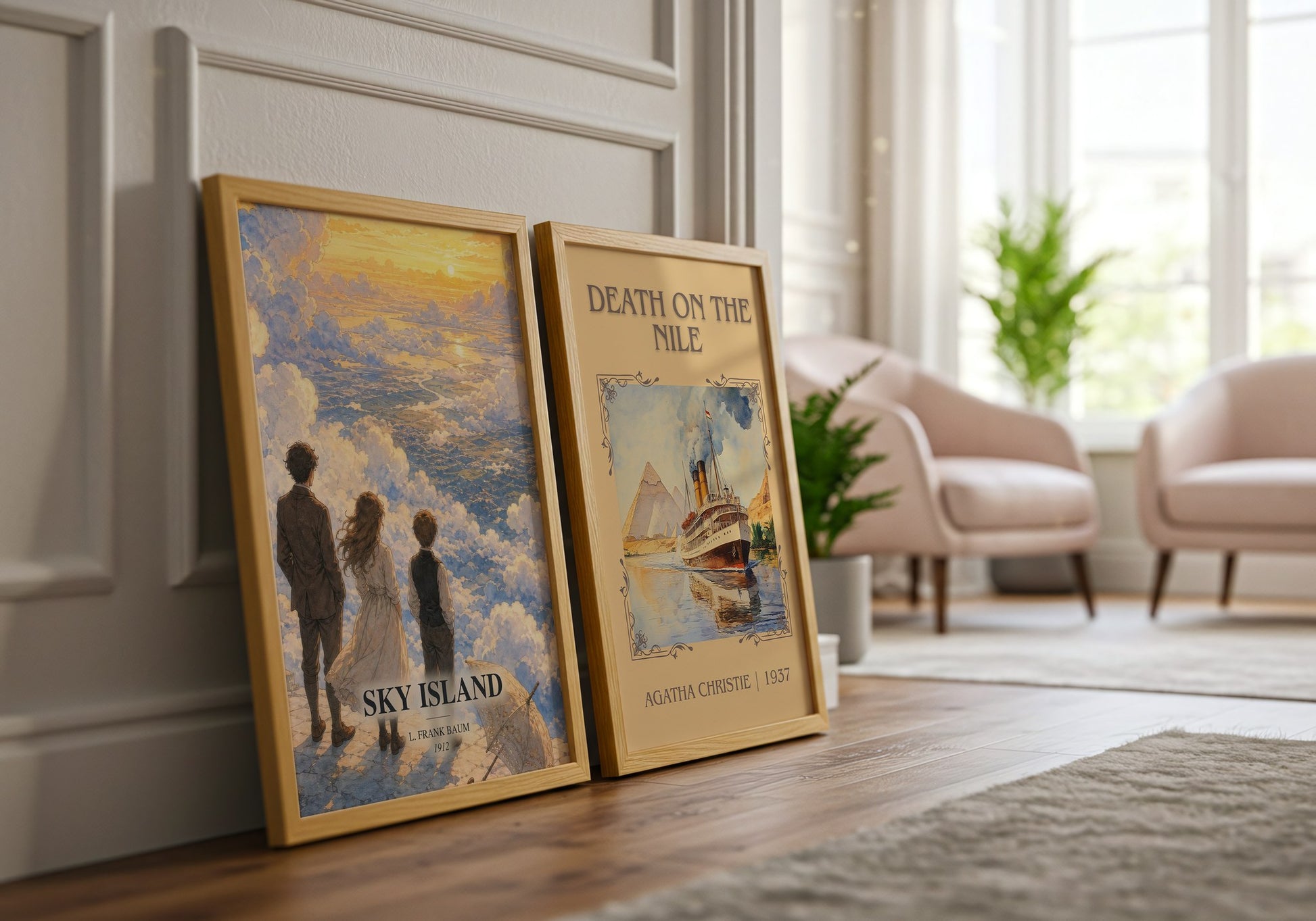Sky Island watercolour print framed by window – literary home decor
