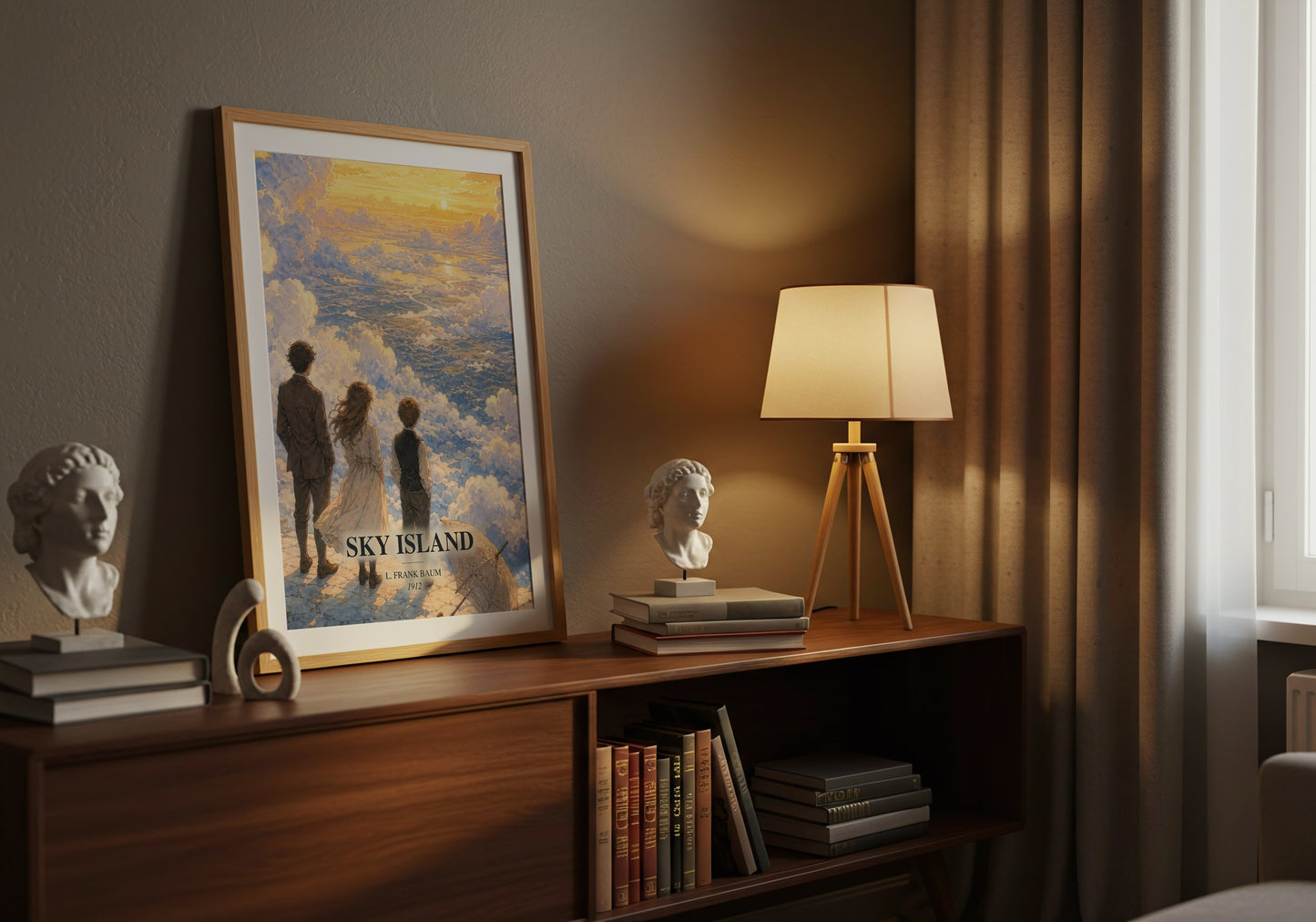 Sky Island watercolour print on bookshelf – L. Frank Baum fan gift