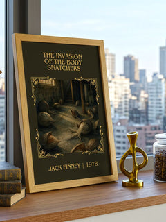 Invasion of the Body Snatchers Classic Book Art Print by Jack Finney – framed print on a city-view windowsill