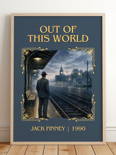 Out of this world Classic Book Art Print by Jack Finney – framed print leaning on a wooden floor