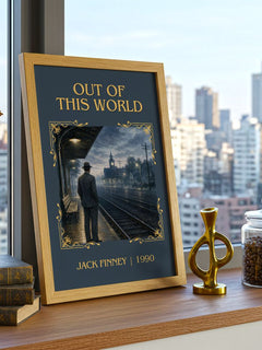 Out of this world Classic Book Art Print by Jack Finney – framed print on a city-view windowsill