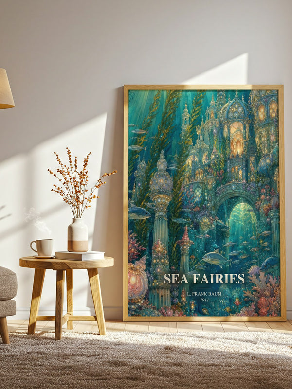 Sea Fairies watercolour print in frame leaning in hallway – childrens wall art
