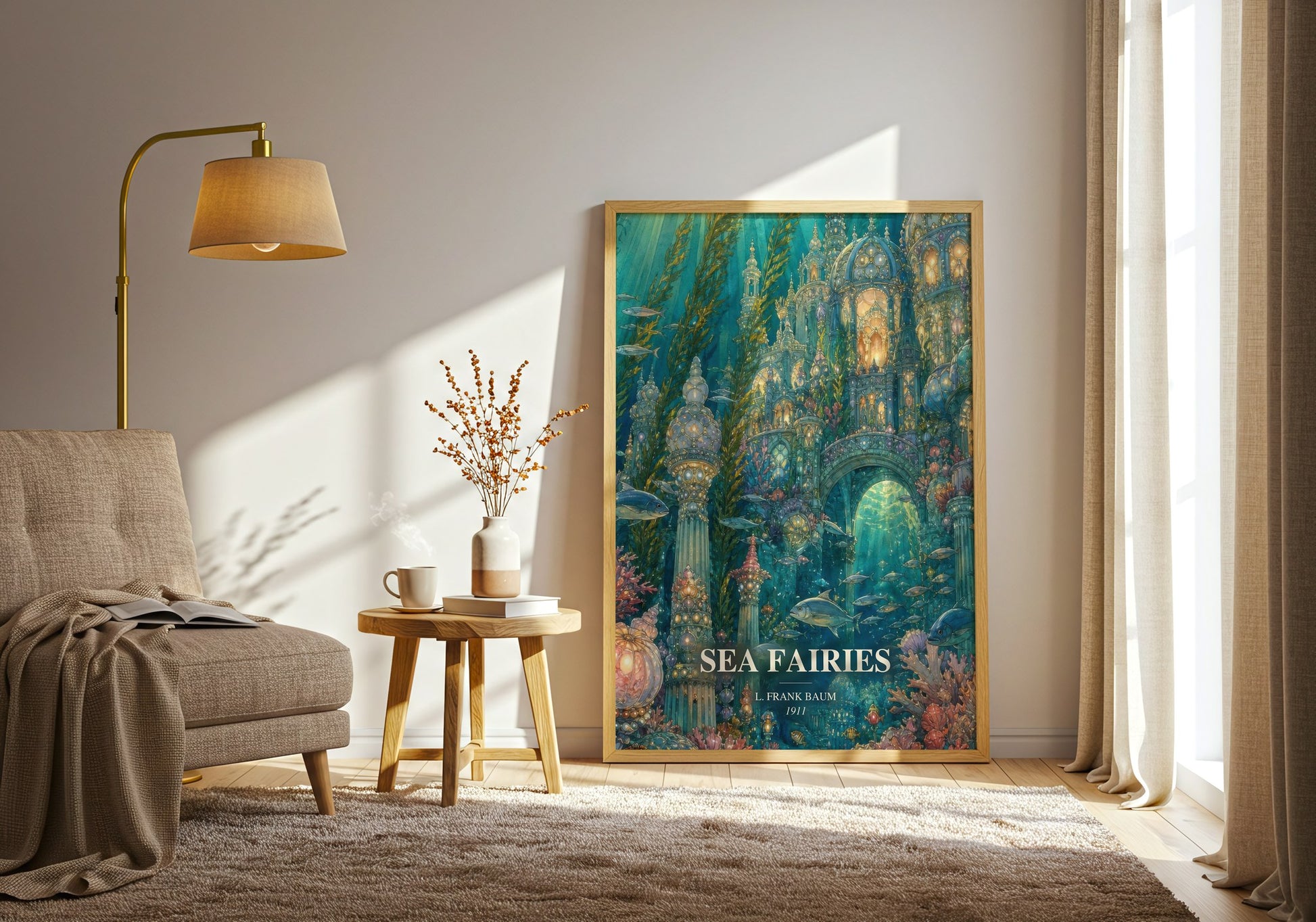 Sea Fairies watercolour print in frame leaning in hallway – childrens wall art