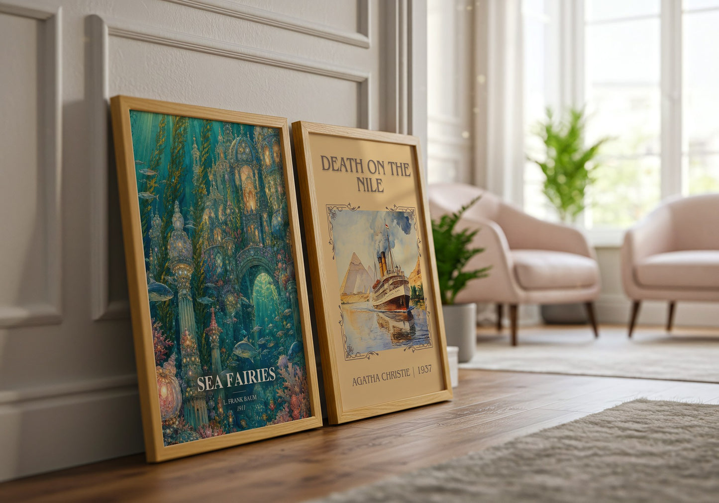 Sea Fairies watercolour print framed by window – literary home decor