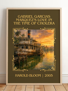 Gabriel Garcias Marquez's Love In The Time Of Cholera Classic Book Art Print by Harold Bloom – framed print leaning on a wooden floor