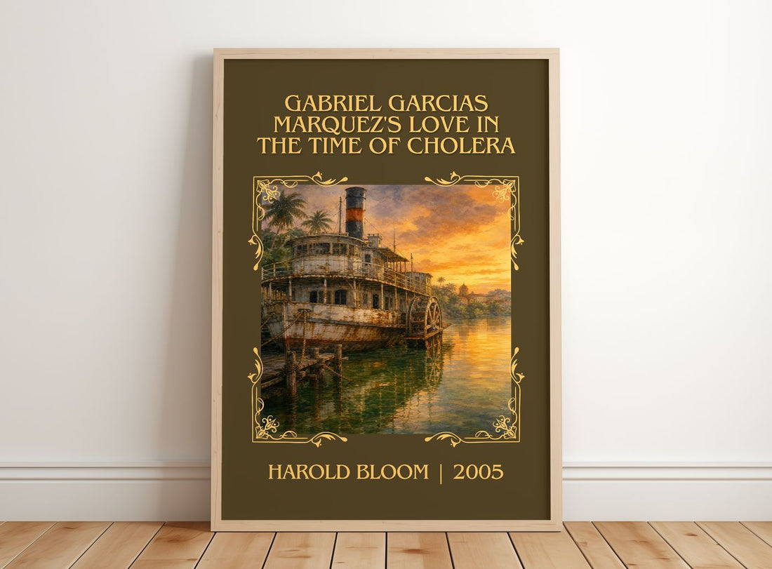 Gabriel Garcias Marquez's Love In The Time Of Cholera Classic Book Art Print by Harold Bloom – framed print leaning on a wooden floor