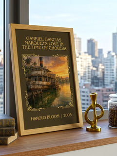 Gabriel Garcias Marquez's Love In The Time Of Cholera Classic Book Art Print by Harold Bloom – framed print on a city-view windowsill