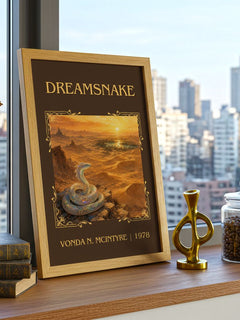 Dreamsnake Classic Book Art Print by Vonda N. McIntyre – framed print on a city-view windowsill