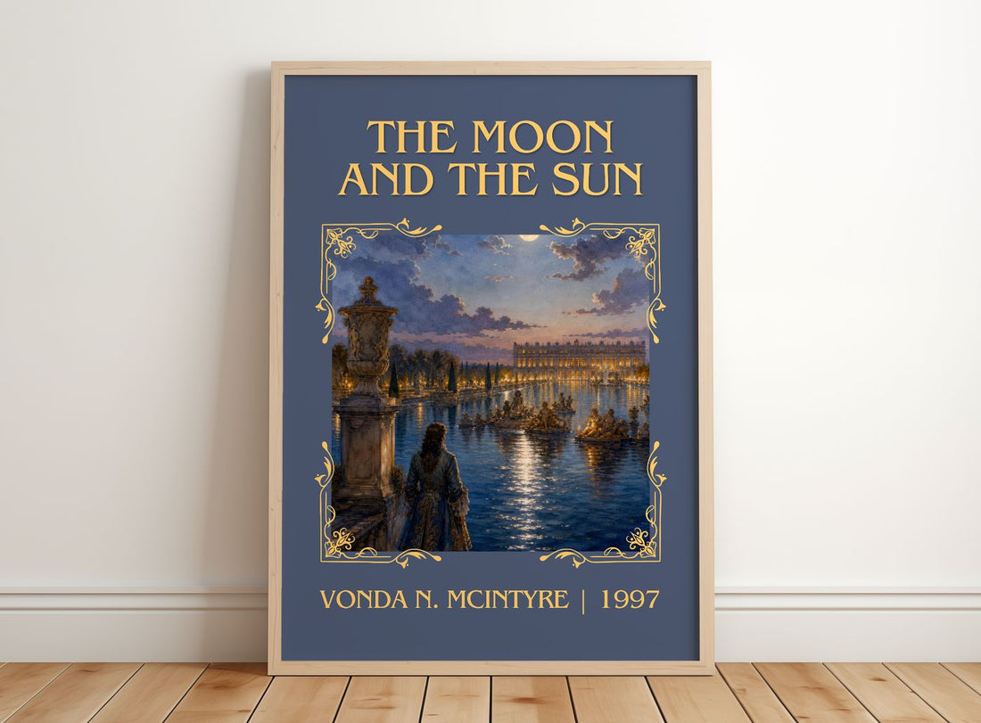 The Moon and the Sun Classic Book Art Print by Vonda N. McIntyre – framed print leaning on a wooden floor