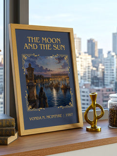The Moon and the Sun Classic Book Art Print by Vonda N. McIntyre – framed print on a city-view windowsill